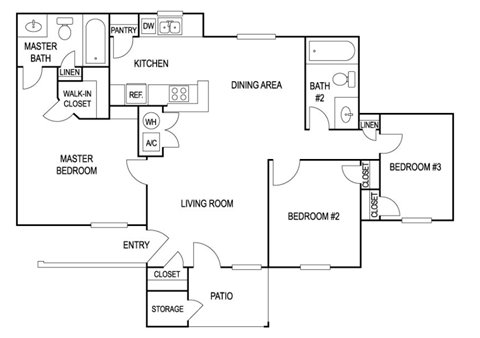 Three Bedroom Two Bath Floor Plan at Waller Hillside Affordable Apartments in Waller TX